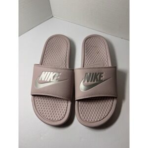 Nike Women's Benassi JDI Pink Laser Silver Slides Slip On Shoes Sandals Size 8